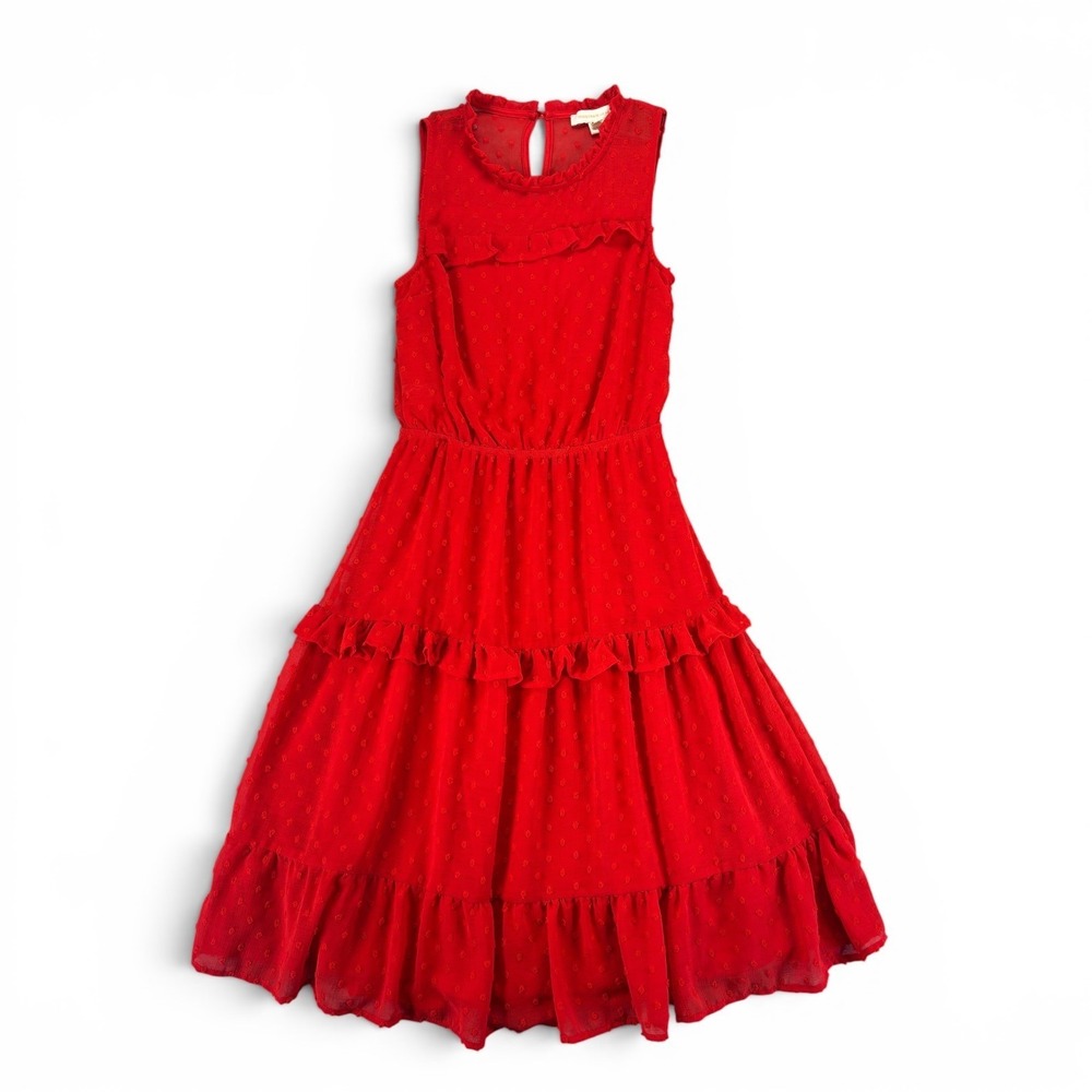 Monteau Los Angeles Red Swiss Dot Tiered Ruffle Midi Dress Womens S Lined Bridal